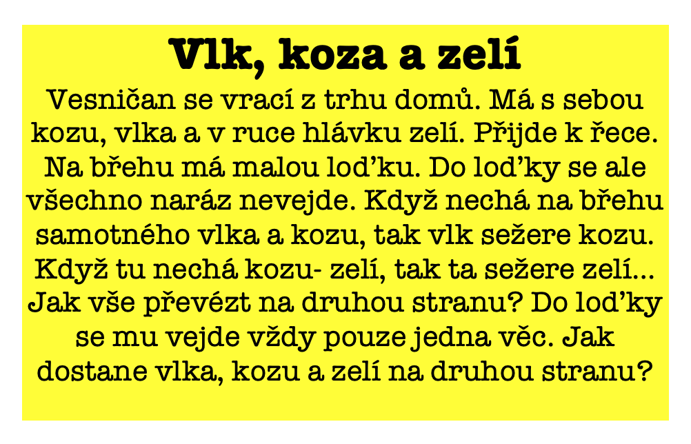 1.Tam Koza 2.Zpět nic 3.Tam vlk 4.Zpět koza 5.Tam zelí 6.Zpět nic 7.Tam koza